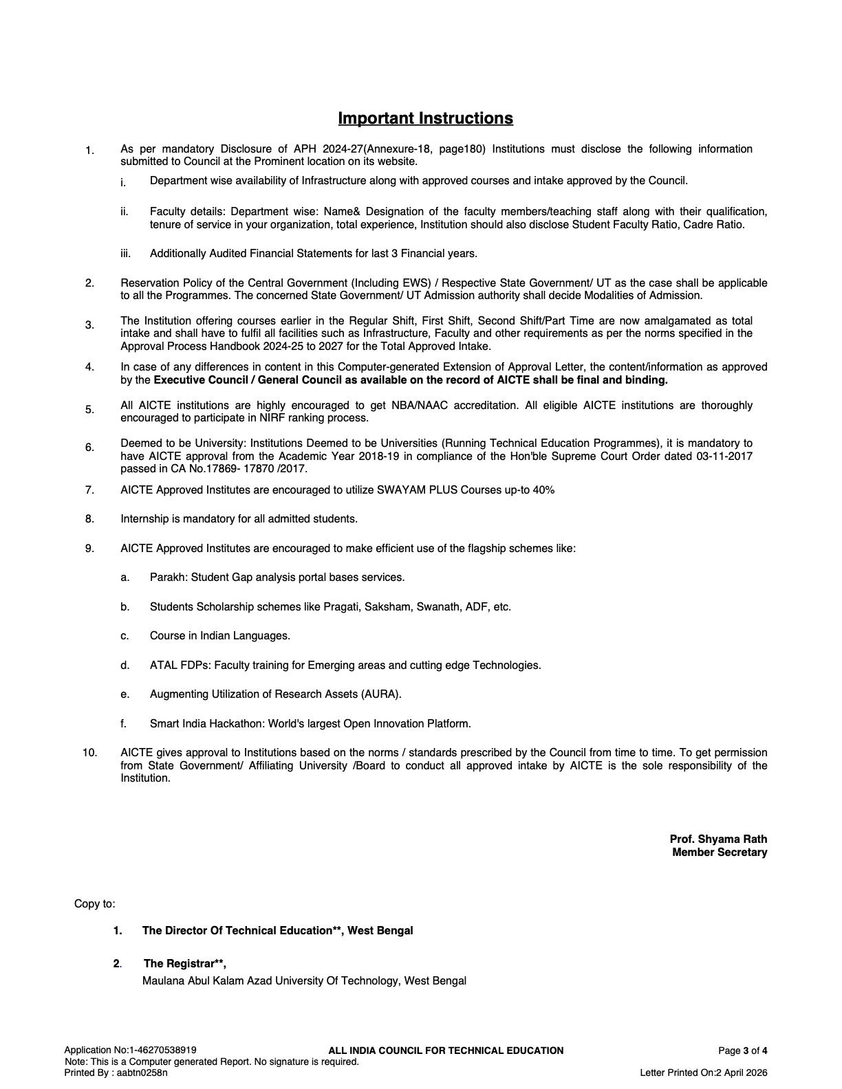 AICTE Extension of Approval 2026-27 Page 3